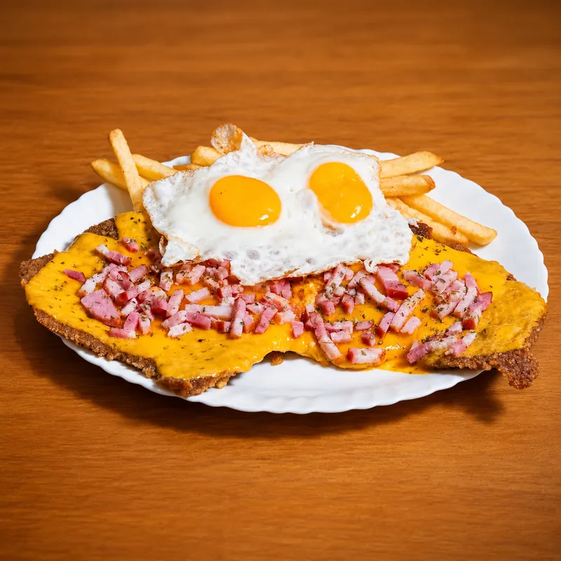 Milanesa di Salta Food con patatine fritte e due uova fritte · Milanesa bacon & cheddar